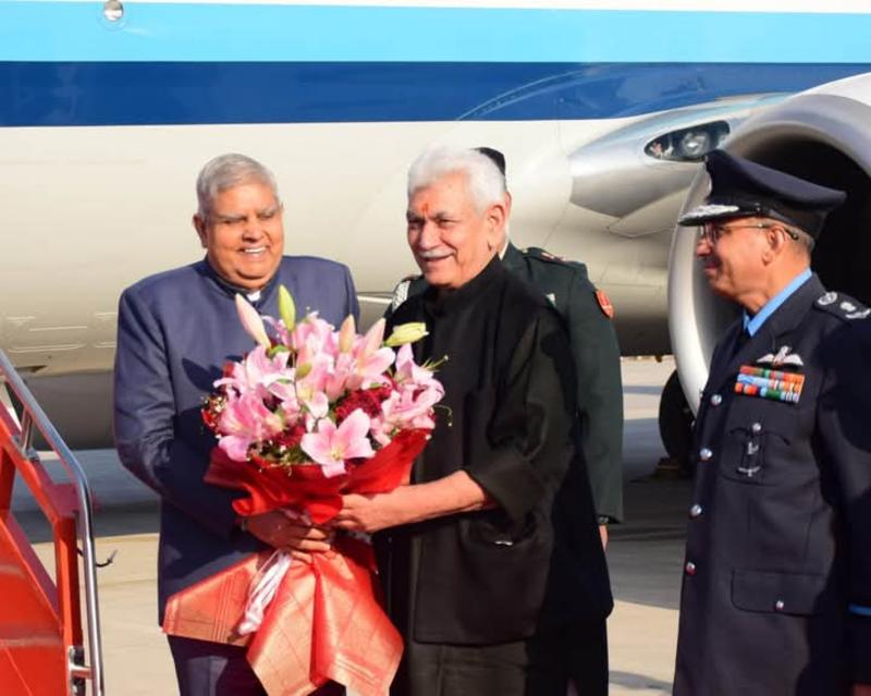 LG Sinha welcomes VP Jagdeep Dhankhar at Jammu Airport